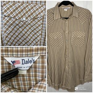 Vintage DALES Pearl Snap Shirt Plaid Western Long Sleeve Mens L Brown White USA